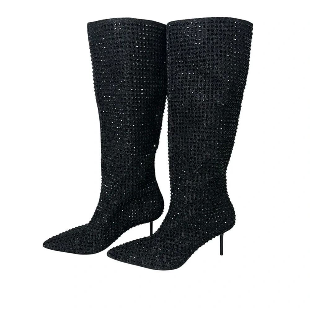 Zara Black Pointed Toe Rhinestone heeled knee high boo Size 39